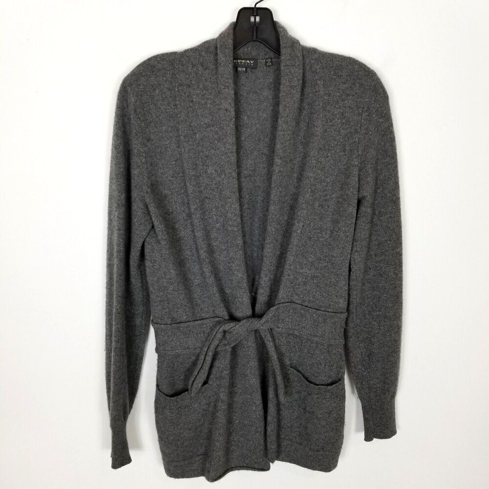 Repeat Women Cashmere Cardigan Sweater Sz XS Gray Tie Waist Pockets Cozy